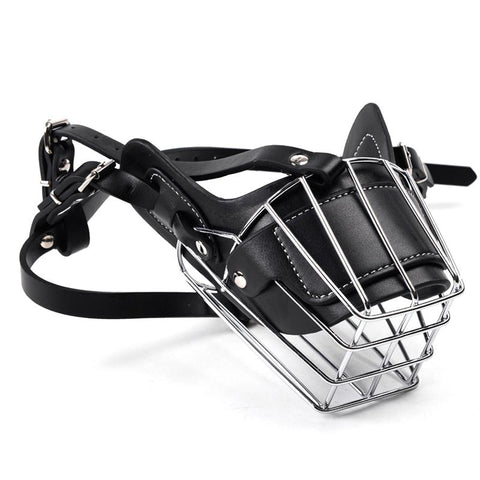 Image of Stainless Steel and Leather Dog Muzzle With Breathable Basket For Safety